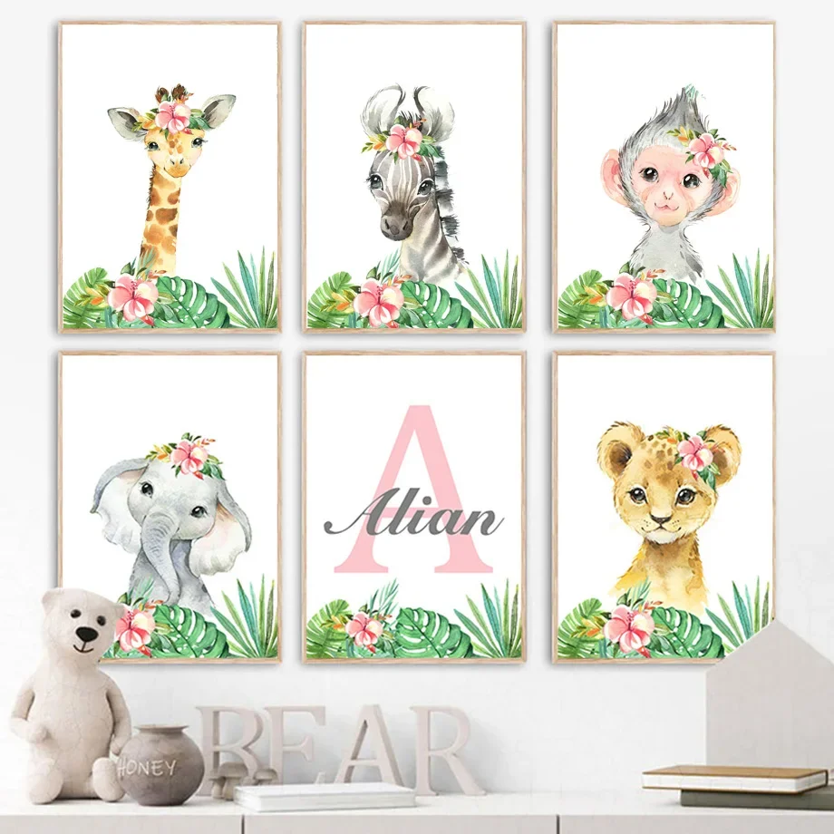 Настенная картина с изображением цветов слона жирафа льва зебры обезьяны