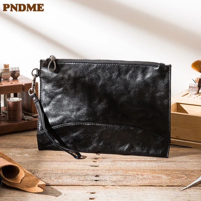 PNDME fashion leisure natural real leather men black hand bag for outdoor storage mobile phone multi-functional hand grab bag