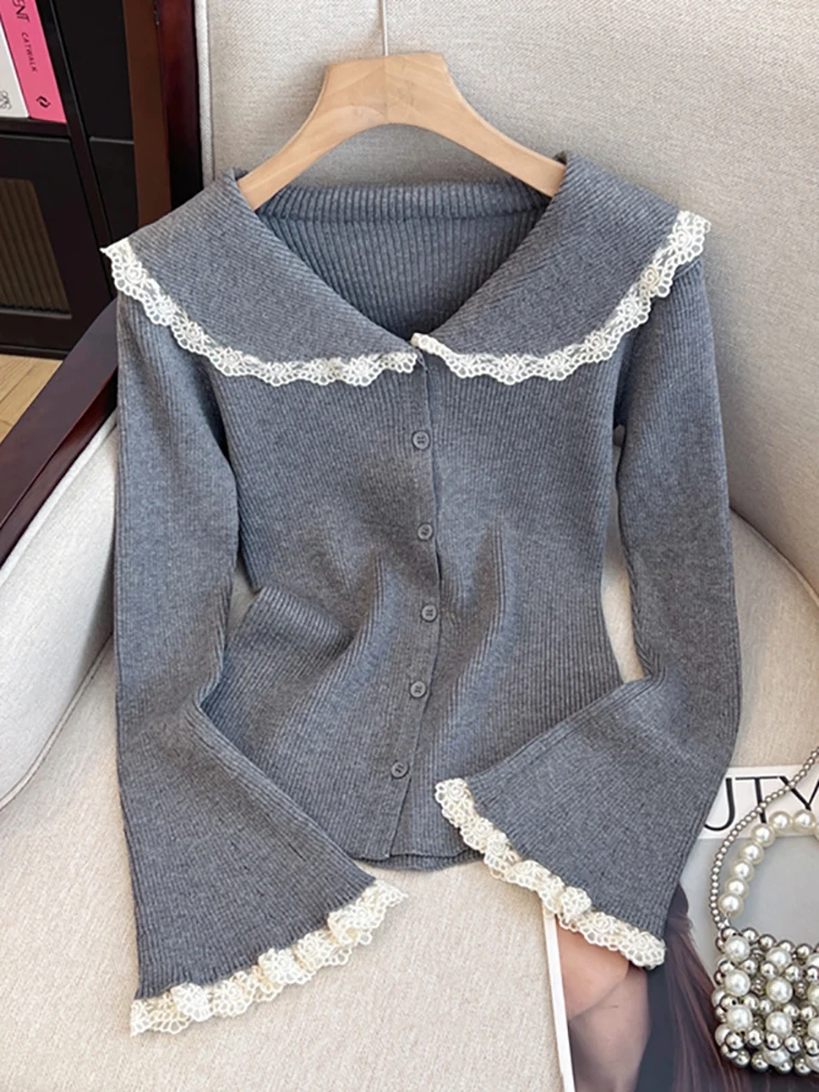 Self-Retained Recommend ~ Lace Doll Collar Bell Sleeve Knit Women Autumn New Chic Base Top