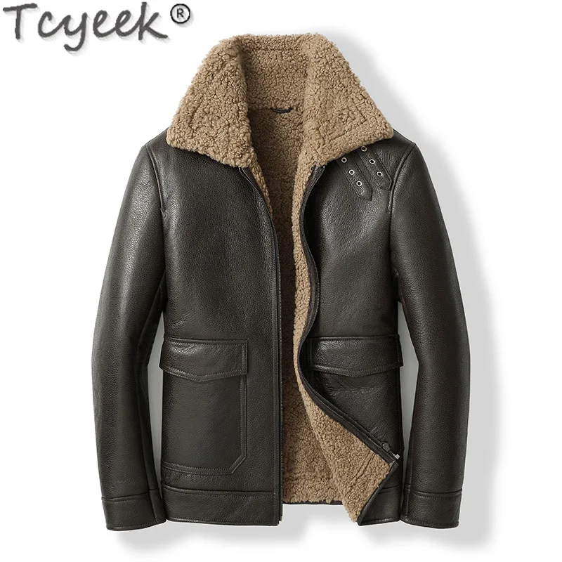 Tcyeek Winter Genuine Leather Jacket Men Sheep Shearling Fur In One Men's Coat Warm Male Motorcycle Fur Coat Chaquetas Hombre Lq