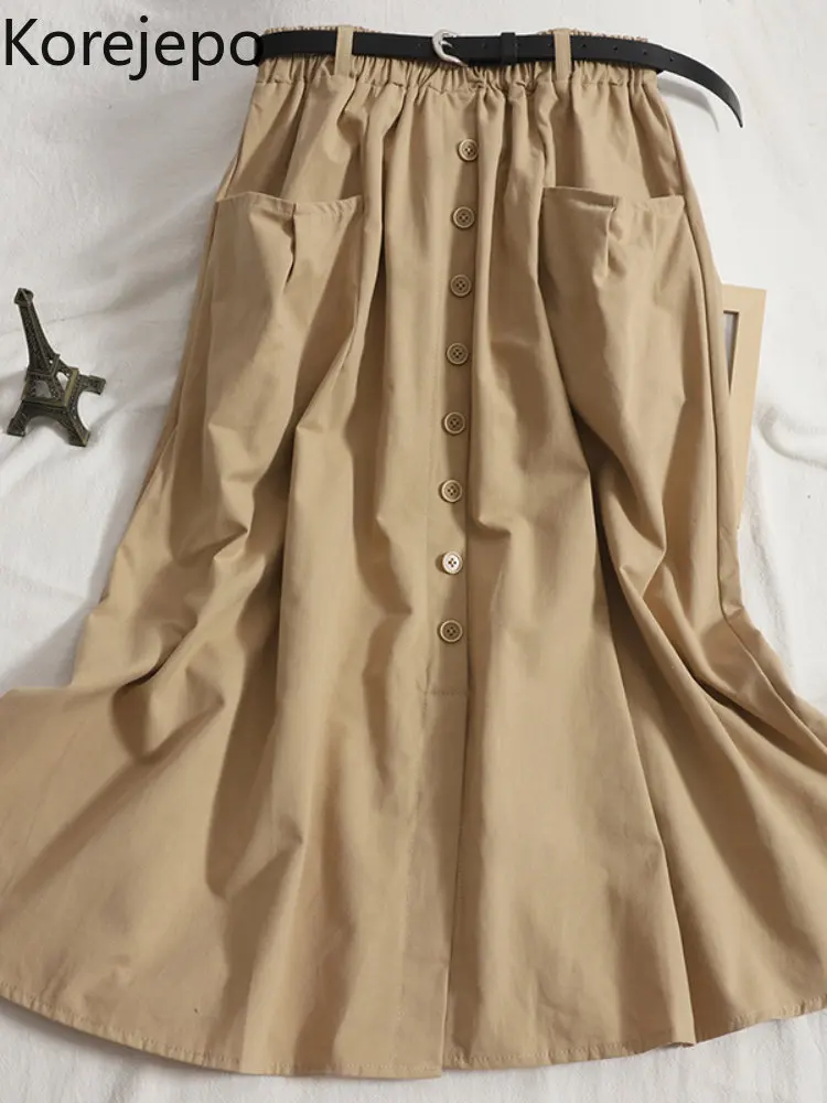 

Женская универсальная юбка средней длины, однобортная облегающая Однотонная юбка с карманами и разрезом, корейская мода, весна-осень 2022