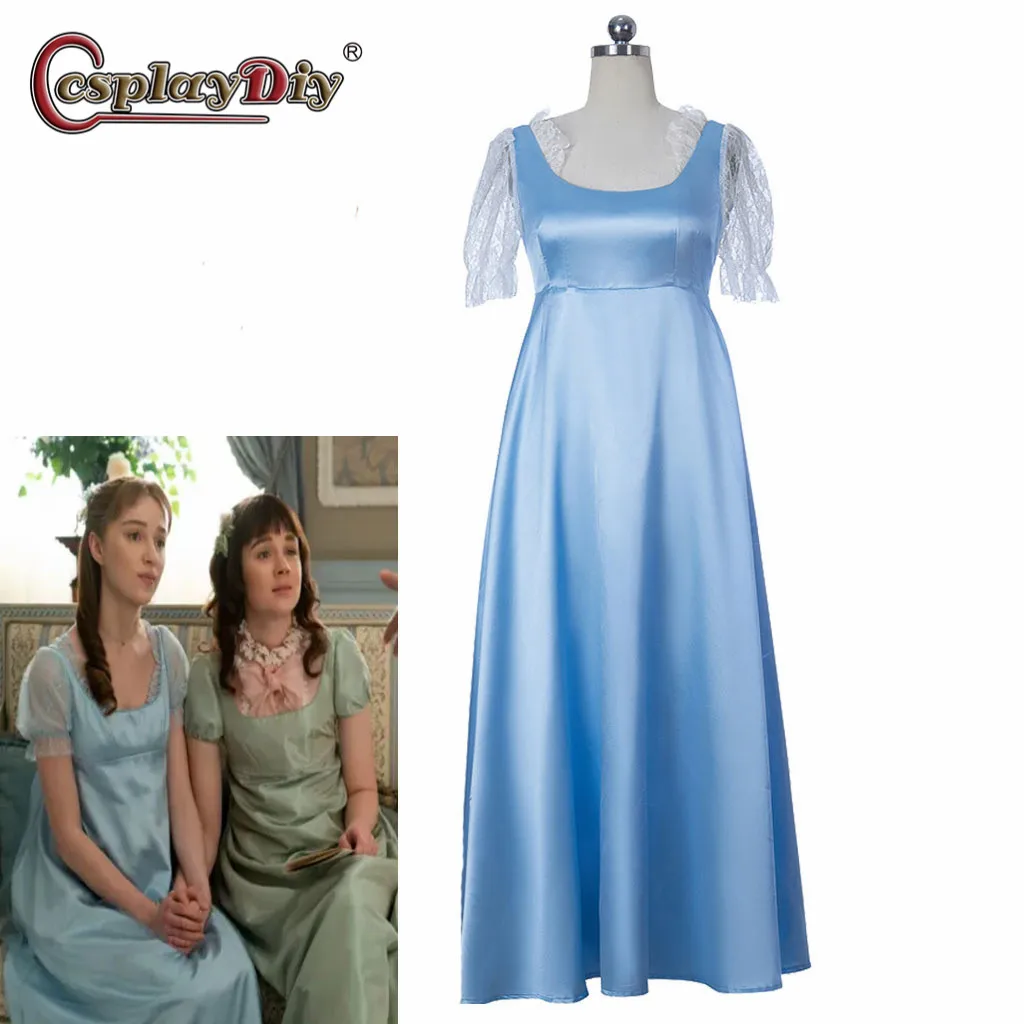 

Cosplaydiy Daphne Cosplay Costume Regency Era Ball Gown Blue Satin Dress Jane Austen Costume Dress Regency Empire Waist Gown