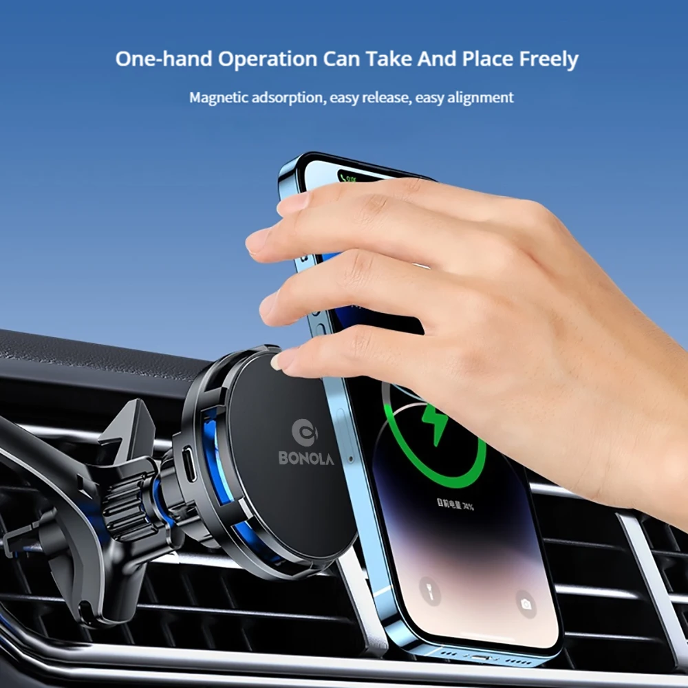 Bonola Magnetic Car Wireless Charger Cooler Mount 15W Fast Wireless Charging for Universal Vehicle Air Vent Cooling with Light