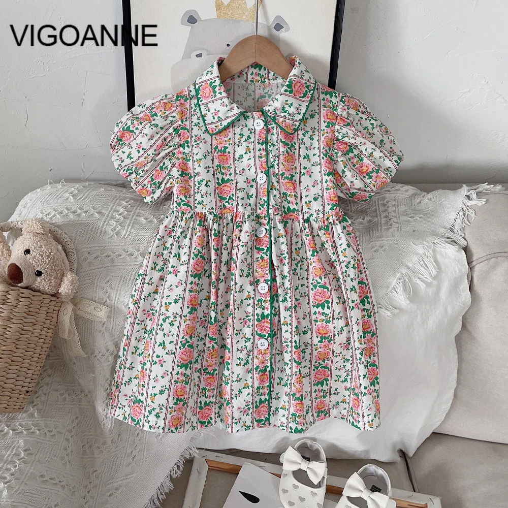

VigoAnne, платья для девочек с коротким рукавом с буфами и цветами, 2022, однобортное платье с отложным воротником, Детская летняя одежда для девоч...