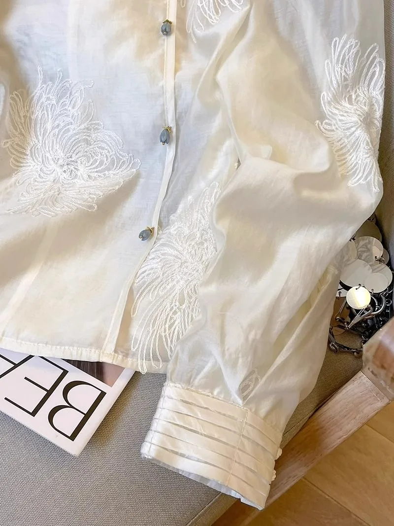 Шифоновые женские блузки в китайском стиле летние рубашки с вышивкой и круглым