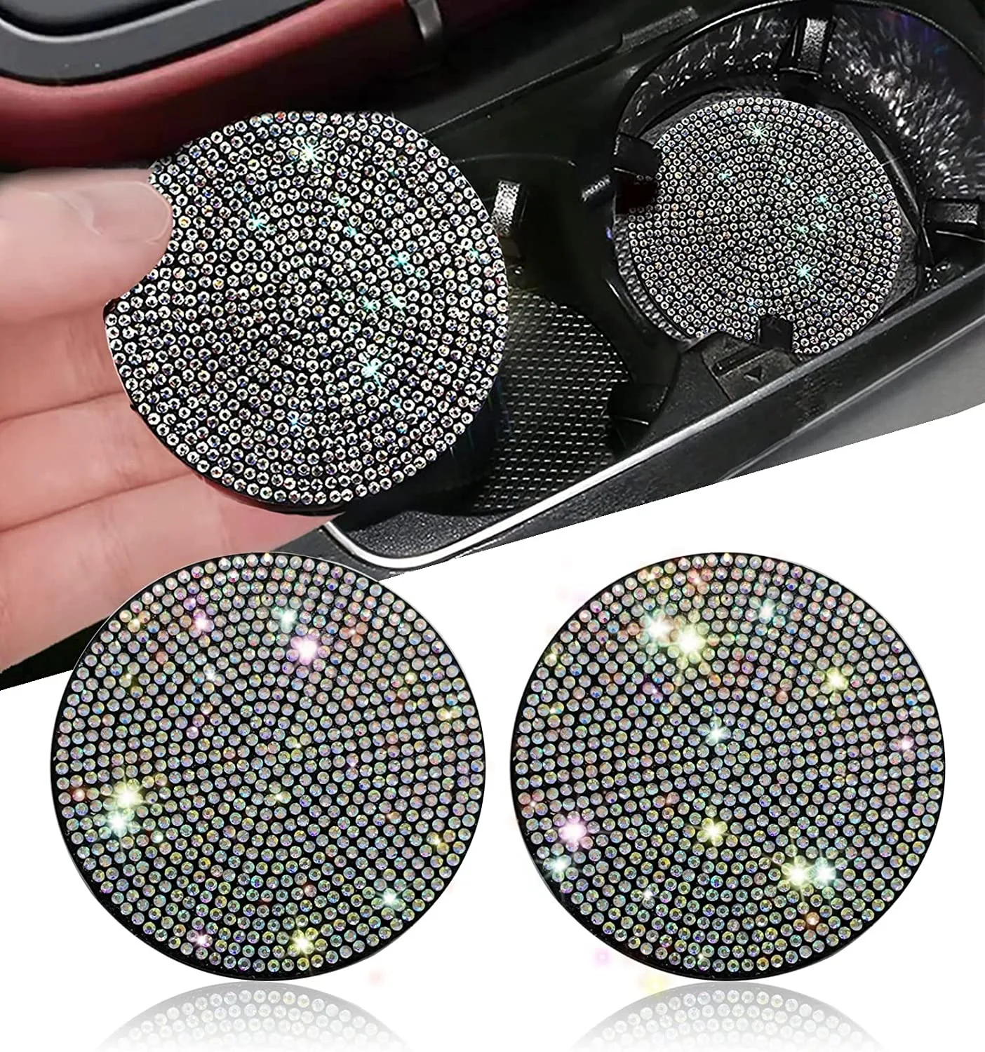 

2Pcs Bling Car Cup Holder Coasters Anti-Slip Shockproof Universal Fashion Insert Crystal Rhinestone Auto Interior Accessories