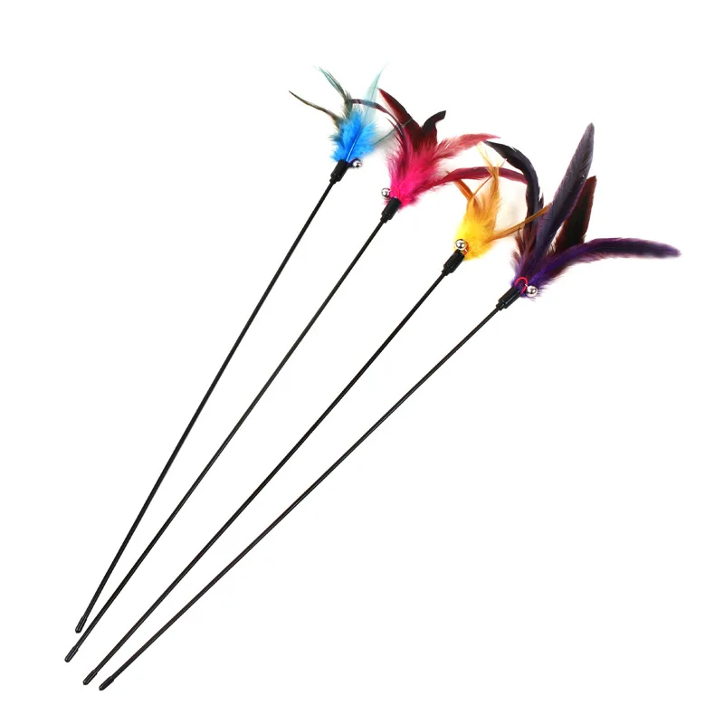 

Wholesale Pet Supplies Feather cat teaser Toys with knotted bell different color feather interactive toy for cats