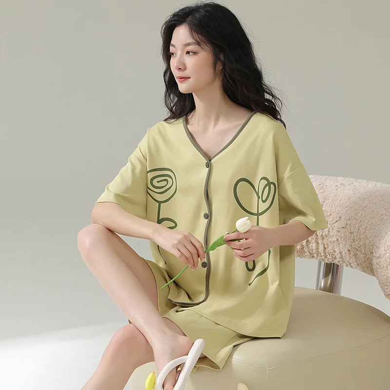Summer Pure Cotton Pajamas for Women Sweet Temperament Ins Wind Cardigan Short-sleeved Shorts Home Service Suit Soft Loungewear