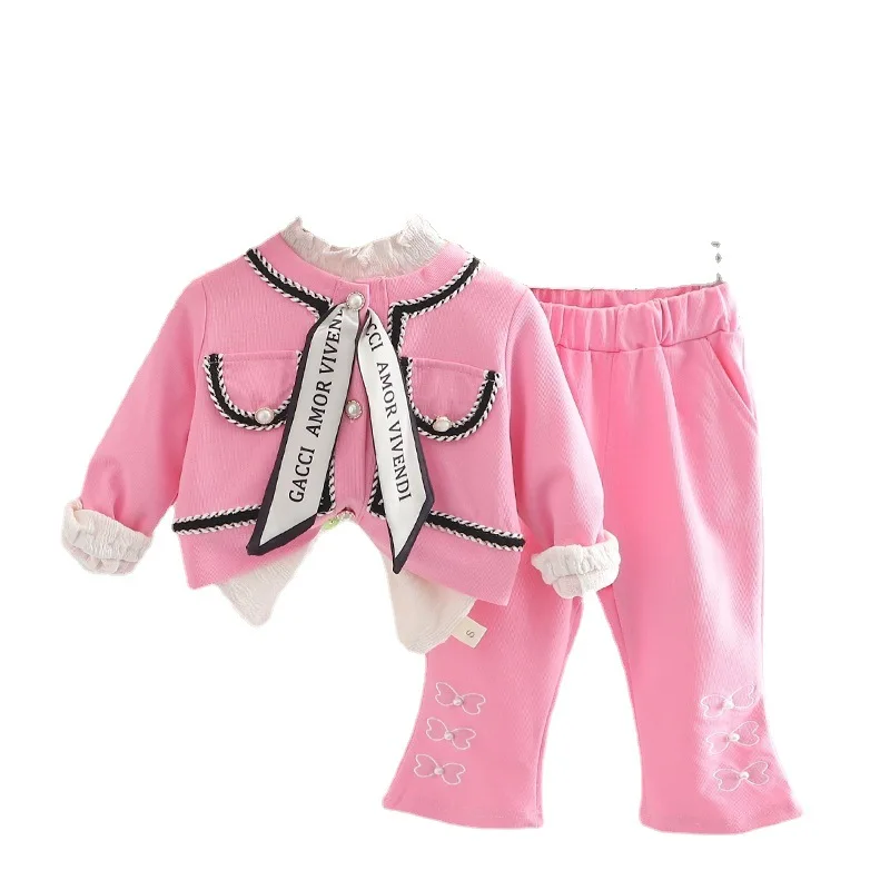 Girls Suits Girls Small Fragrance Suit Children's Solid Color Bow Cardigan Jacket + Trousers Three-piece Set  Girl Outfit Set