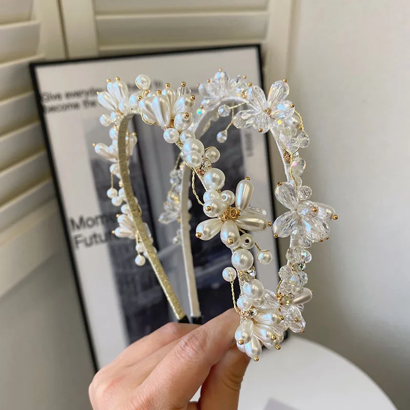 

French High Sense Baroque Pearl Crystal Flower Headband Bridal Hair Accessories