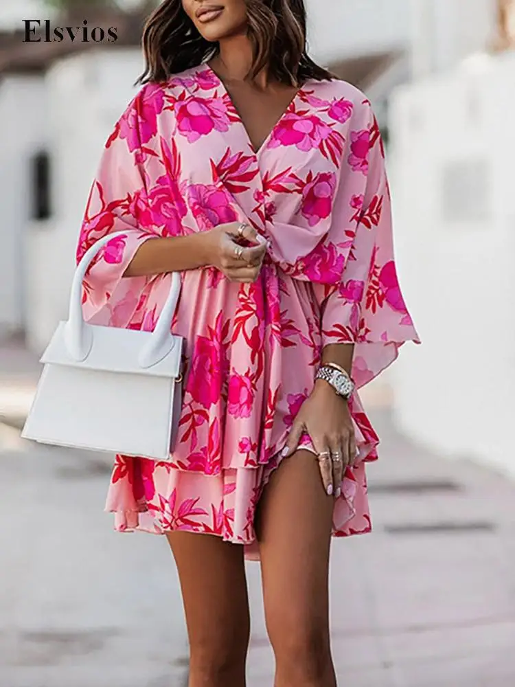 

Fashion Floral Print Ruffle Loose Chiffon Dress 2022 Summer Casual Short Sleeve Beach Mini Dress Women Sexy V Neck Party Dresses