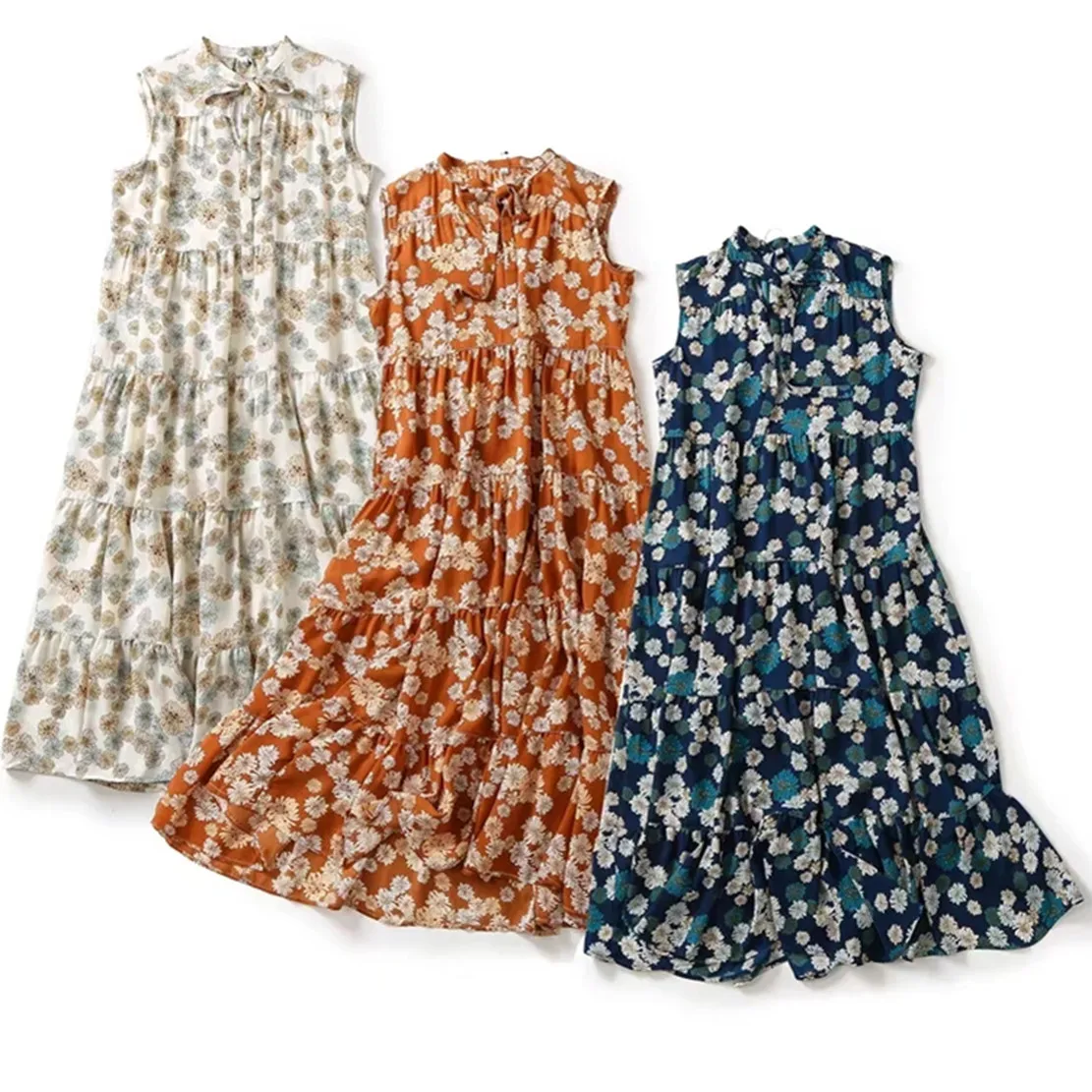 

Jenny&Dave Indie Folk With Lining Cascading Loose Casual Summer Midi Dress Women Fashion Elegant Floral Print Chiffon Tank Dress