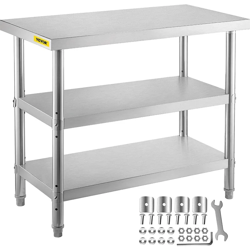 

Outdoor Food Prep Table, 48 x 14 x 33 Inches Commercial Stainless Steel Table, 2 Adjustable Undershelf, Kitchen Work Table