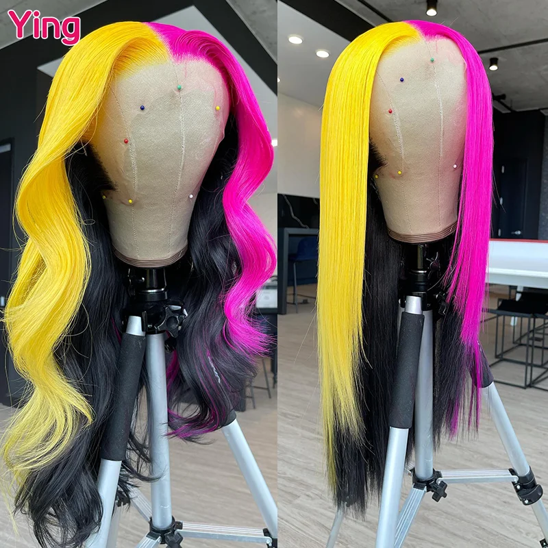 

Ying Body Wave Half Color Lemon With Pink 13x4 Lace Front Human Hair Wig Peruvian Remy Straight 13x6 Lace Frontal Wig PrePlucked
