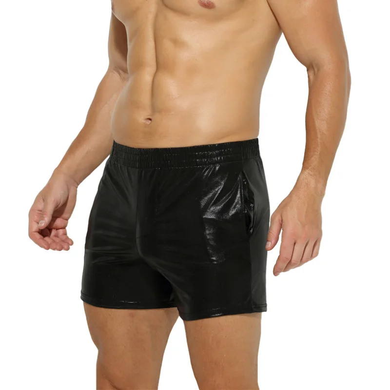 YUFEIDA Sexy Mens PU Leather Boxers Shorts Men Faux Leather Underwear Sexy Panties Low Waist Black Short Pants Male Swim Trunks