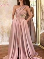pink long satin evening dresses elegant sequined pleats one shoulder a line front slit with sash prom gowns formal party women