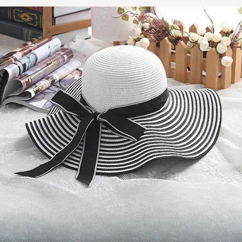 

2023 Hot Sale Fashion Hepburn Wind Black White Striped Bowknot Summer Sun Hat Beautiful Women Straw Beach Hat Large Brimmed Hat