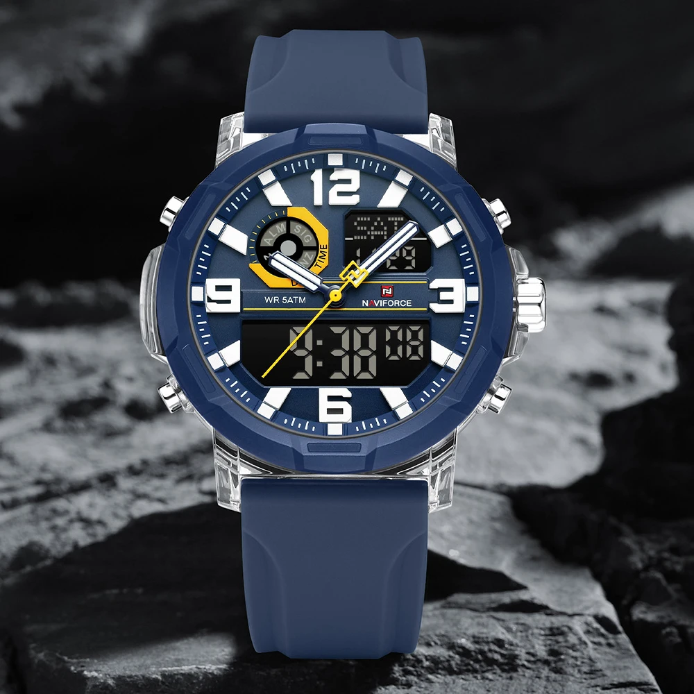 Фото Мужские спортивные часы NAVIFORCE класса люкс с хронографом, водонепроницаемые, цифровые, с ремешком из нержавеющей стали, модные, Relogio Masculino №3