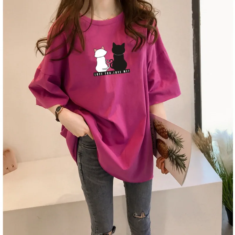 Summer Women's Short Sleeve T-shirt Female Tops Korean Round Neck Loose Cat Printing Tee Shirt Medium Long Base Women T-shirts