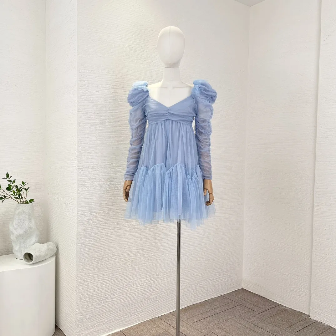 

New Collection 2023 Spring Autumn Baby Blue Mesh Puff Sleeves Wide Neckline Backless Mini High Waist Princess Dress for Women