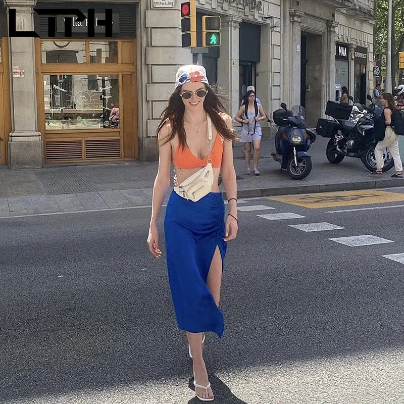 

LTPH elegant blue skirt women high waist pleated texture satin vintage casual mid length package hip skirts summer 2022 new