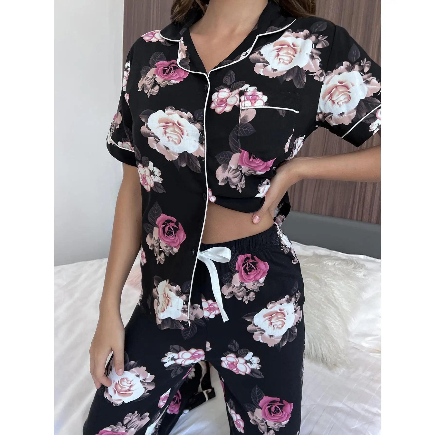 Women's Night Suit Rayon Pajamas Set 2PCS Summer Spring Sleepwear Nightwear For Female Floral Print Homewear Sleeping Clothing