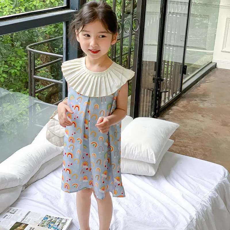 

Платья длиной выше колена, пуловер без рукавов с круглым вырезом и прямым принтом, милый Модный повседневный легкий летний детский для девочек