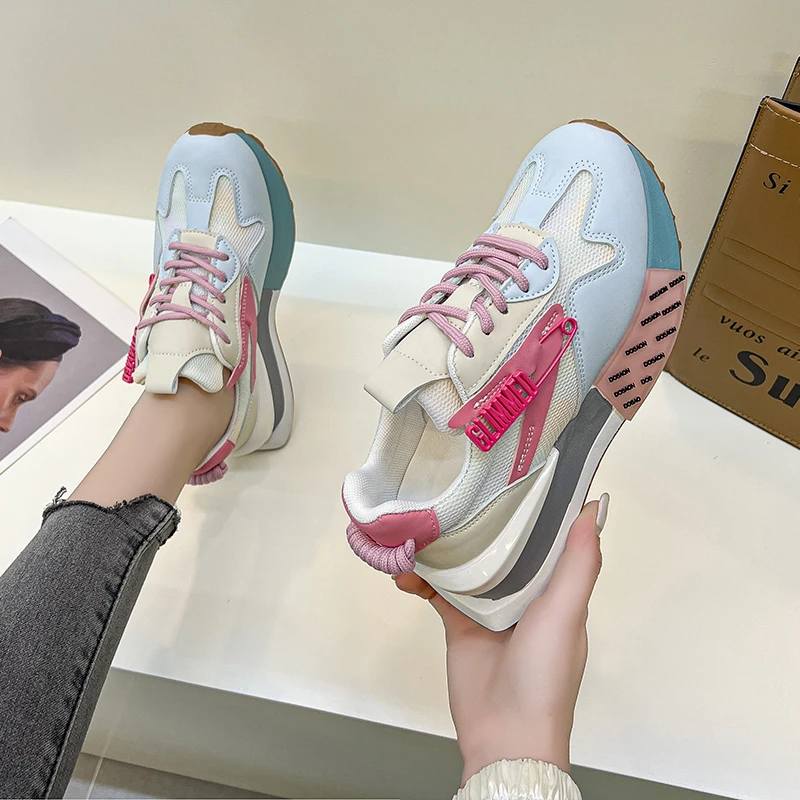 

Women Chunky Sneakers 2022 NEW Casual Mixed Colors Leather Mesh Breathable Height Increased Wedge Platform Outdoor Running Shoes