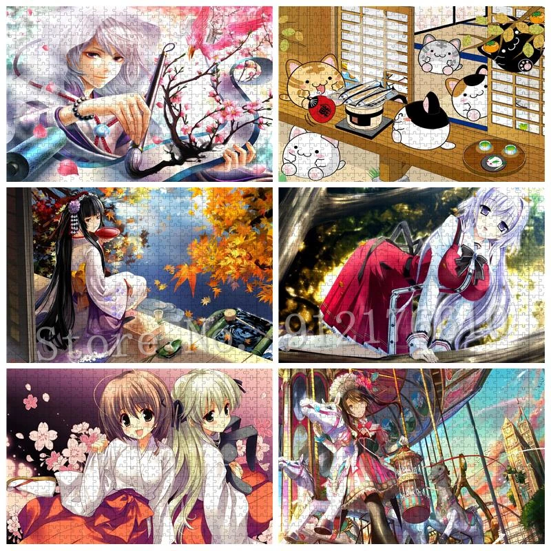 

300/500/1000 Pieces Jigsaw Puzzle Japanese Cartoon Cute Girl Anime Puzzles for Adults Decompression Samurai Cat Cherry Blossom