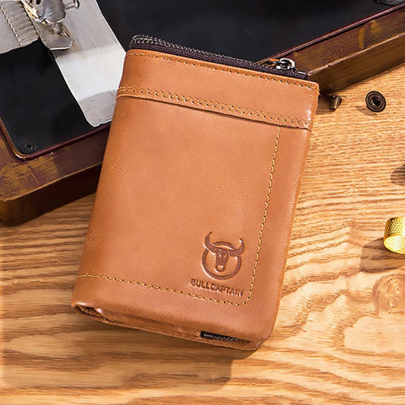 Men Short Casual Carteras Business Foldable Wallets Genuine Cowhide  Leather Male Billetera Hombre Small Zipper Coin Purse