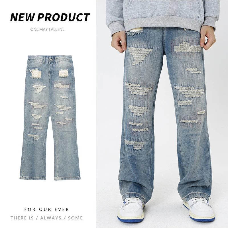 

2023 Autumn Spring Men's Ripped Street HIP HOP Punk Stretch Bike Jeans Trendy Holes Straight Denim Trouers