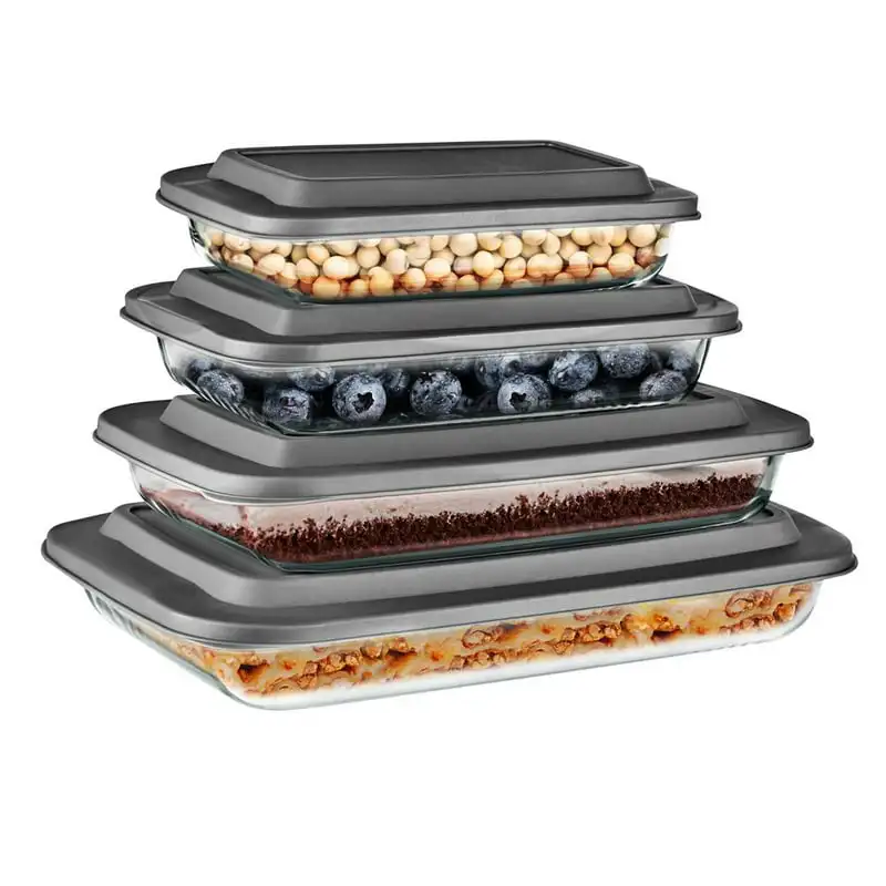 

Premium Quality Rectangular Glass Bakeware Set - 4 Sets of High Borosilicate Glass with PE Lid for Oven, Microwave and Freezer S