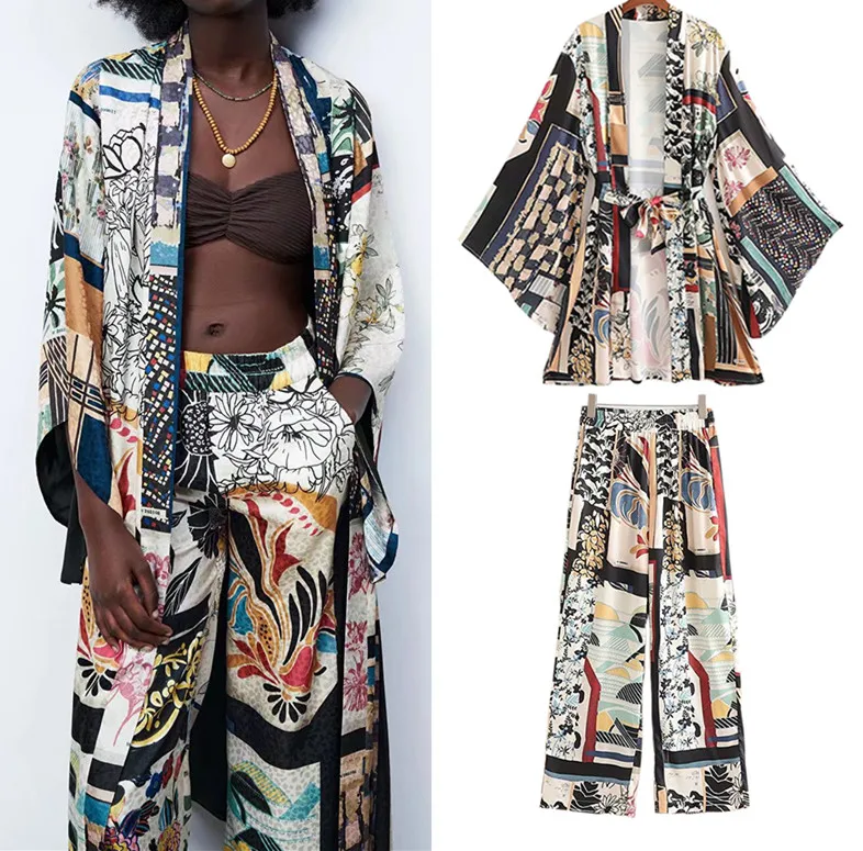 

2022 Women Shirts +Trousers Suit Kimono Style Summer Full Printed X-Long Drawstring Blouse Set Female Pants Casual Clothes 2Pcs