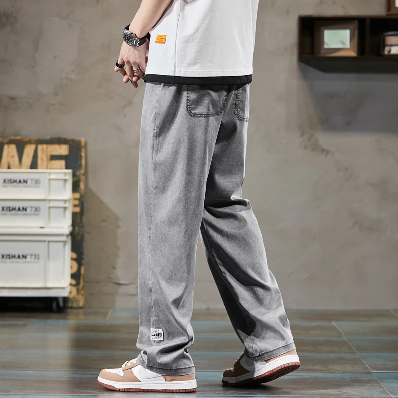 Summer Men's Jeans Soft Lyocell Fabric Thin Loose wide-leg Straight Pants  Elastic Waist Casual Trousers Sweat Pants Size M-6xl