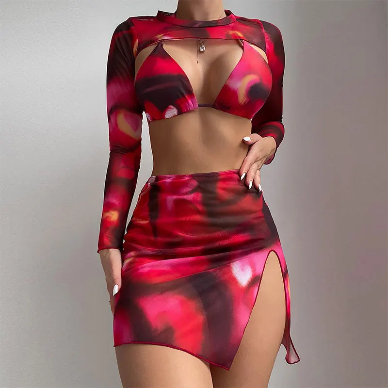 

Women's three piece bikini tie dyed sun protection backless blouse beach skirt swimsuit