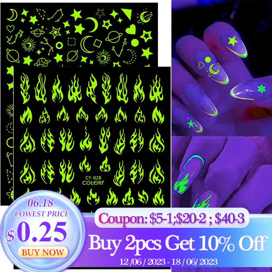 1pcs 3D Luminous Nail Stickers Flame Butterfly Star Moon Glitter Design Glow in The Dark Slider Manicure Decorations JICY028-036