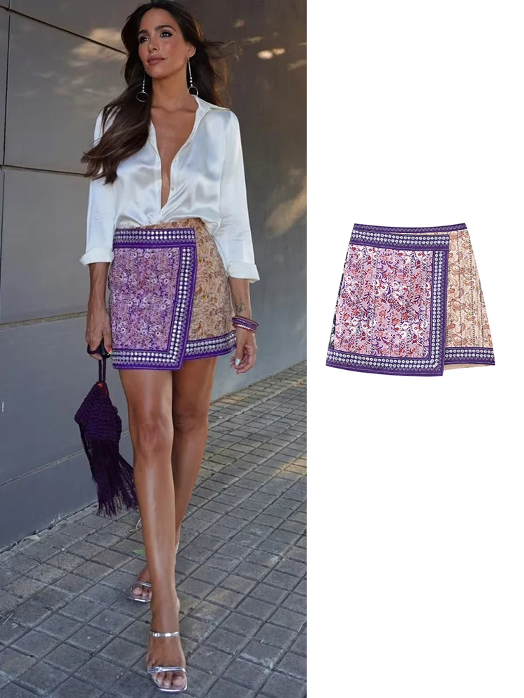 

TRAF Print Short Skirt Woman 2023 New High Waist Vintage Mini Skirts For Women Summer Skirt Boho Irregular Beach Short Skirt