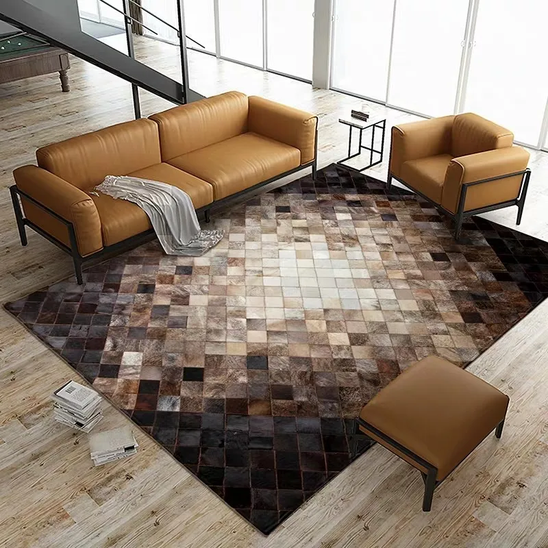 

American Luxury Natural Brown Printed Imitation Cowhide Pattern Patchwork Carpet Living Room Printed Calfskin Plaid Carpet