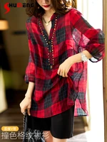 streetwear loose red plaid shirts for women 2022 summer new oversized top womens fashion casual polo collar mid length blouse