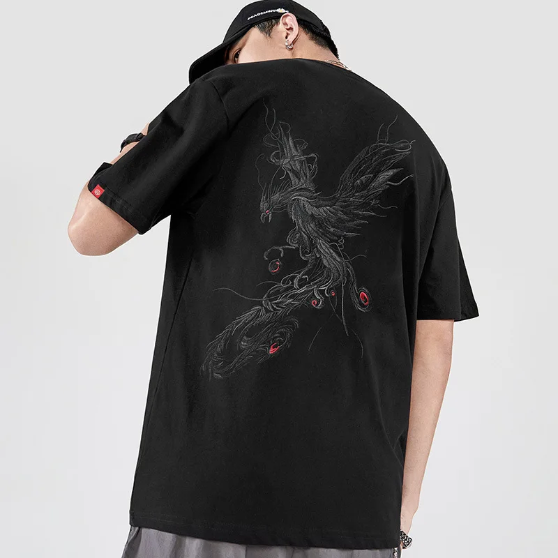 

2023 Summer New Chinese Style National Tide Branded Short Sleeved T-shirt Men Loose Heavy Phonex Embroidery Oversize Tops Men
