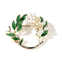 tulx white pearl round brooches for women wedding jewelry corsage green leaves plant enamel pins elegant badge