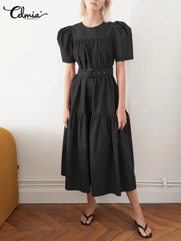 

Платье Celmia женское повседневное с поясом, праздничный Длинный плиссированный сарафан с коротким рукавом-фонариком, с круглым вырезом, лето ...