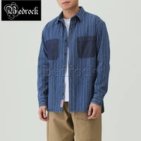 mbbcar amekaji retro denim striped shirt for men korean version one washed loose lapel panel pockets casual shirt jacket 9162