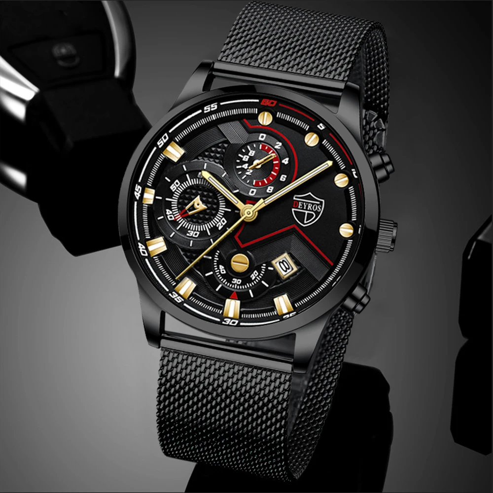 часы мужские Модные 2022 Роскошные Кварцевые с сетчатым ремешком из нержавеющей