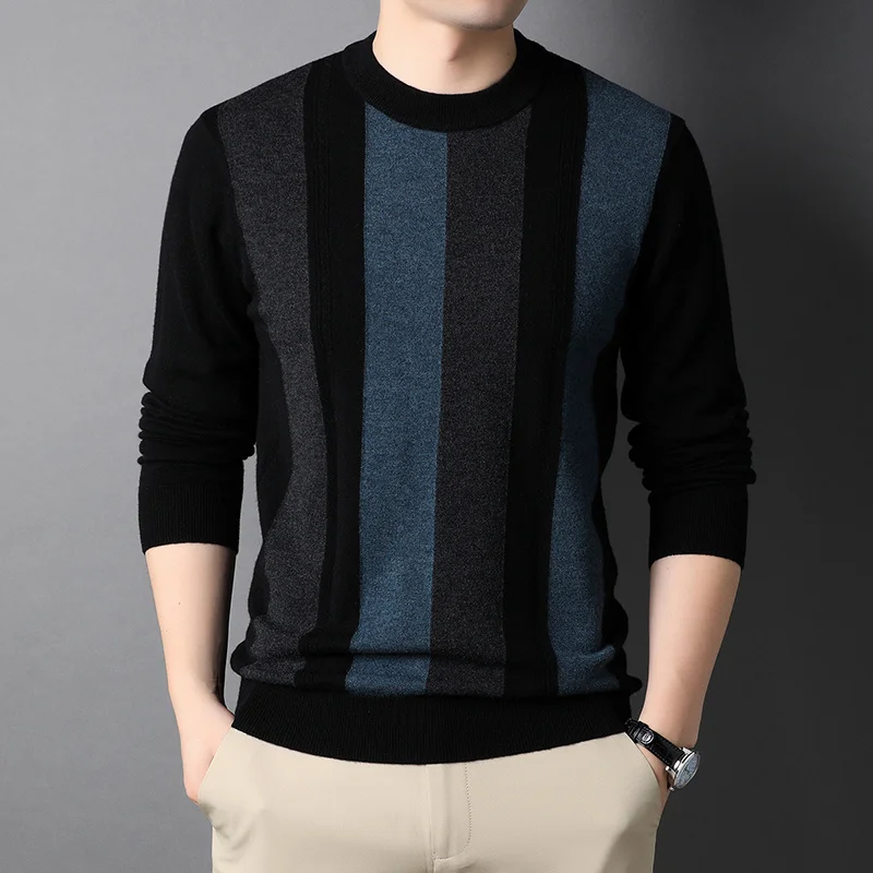 Men's Autumn and Winter Woolen Sweater round Neck Jacquard Vertical Stripes Simple Casual Knitted Bottoming Men's Sweater