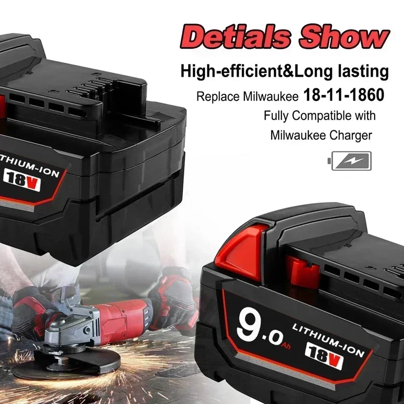  Литий-ионный аккумулятор M18 XC, 9000 мАч, 18 В, для Milwaukee 48-11-18151860, M18B4B2B5B9BX L50, замена большой емкости (art.: 3920cdac85e04) - 3920cdac85e04