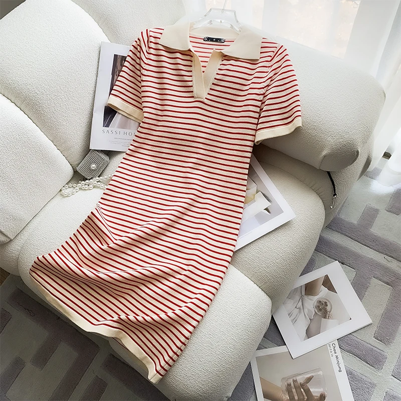 

Striped Knitted Dress Slim Summer Women Straight T-Shirt Dresses Mini Polo Collar Short Sleeve Loose Sexy Vintage Dress N658