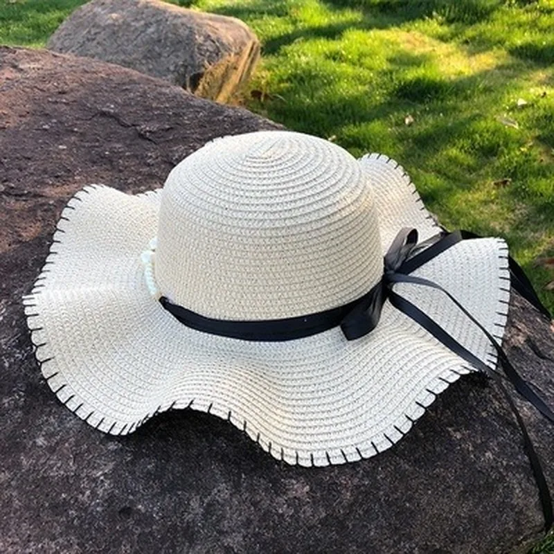 

Wide Brim Bowknot Ribbon Straw Sun Hats for Women Girls Summer UV Protection Floppy Foldable Beach Hat Outdoor Travel Panama Cap