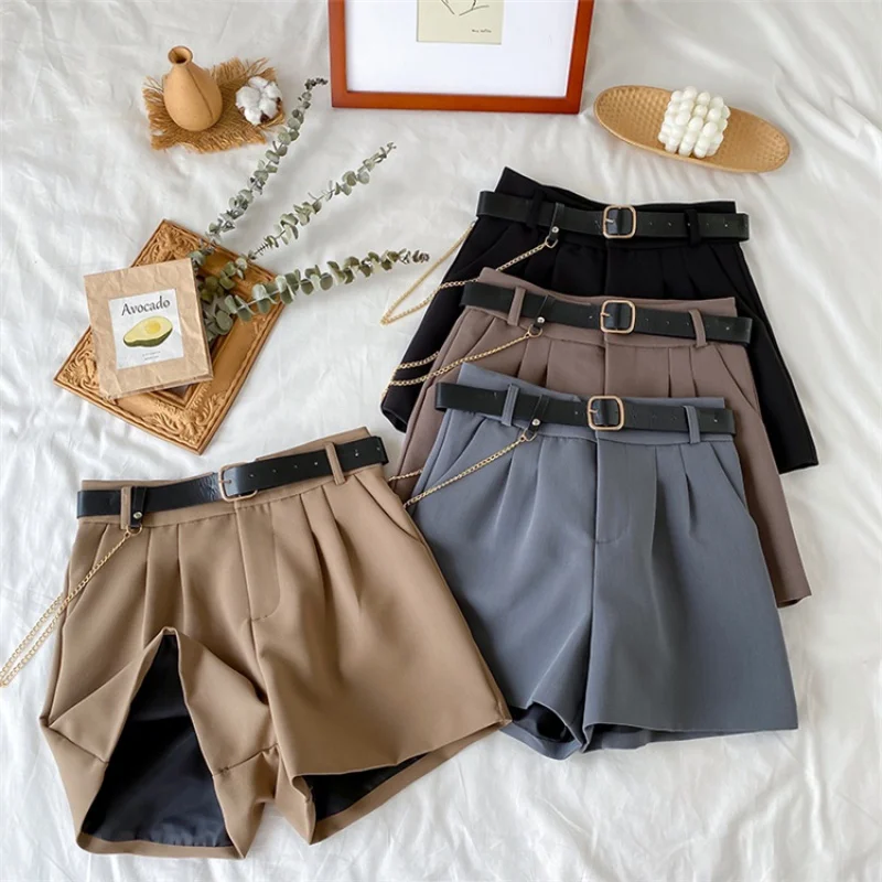 

Korean casual slim wide leg shorts high waist suit pants With chain belt