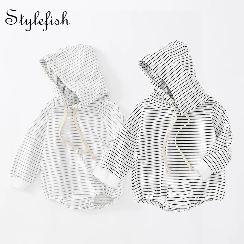 ins2022 autumn and winter baby boys baby girls' rompers children's thin stripe hooded sweater jumpsuit climbing clothes